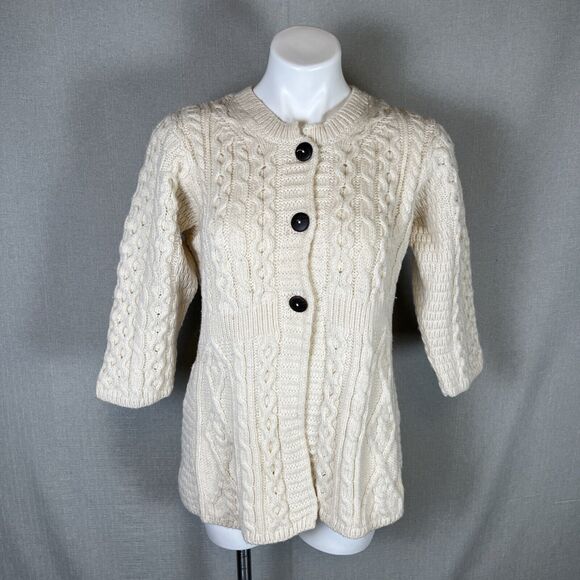 VTG Kilronan Knitwear Merino Wool Cable Knit Cardigan Sweater Beige Irish Small - Picture 1 of 8